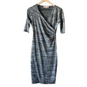 Women's XS Philosophy Half Sleeve Cross Bodice Dress Heathered Black Gray Stripe